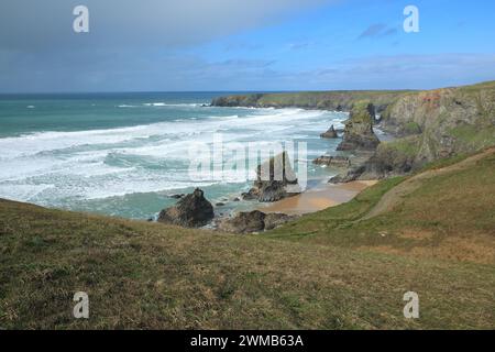 Vue de Bedruthan Steps, Cornouailles, Angleterre, Royaume-Uni Banque D'Images