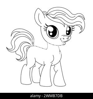 Belles pages de coloriage poney pour les enfants. Illustration vectorielle Big Eyes Horse Cartoon. Mignon licorne isolé sur fond blanc Illustration de Vecteur