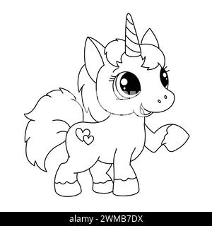 Coloriage Happy Unicorn. Belle Unicorn et coeur de conte de fées de dessin animé. Illustration vectorielle Magic Pony Illustration de Vecteur