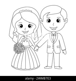 Page de coloriage de couple de mariage. Illustration de dessin animé de mariée et mariée. Scène de mariage mignon. Juste marié illustration. Loi sur la cérémonie de mariage. Groom Wearin Illustration de Vecteur