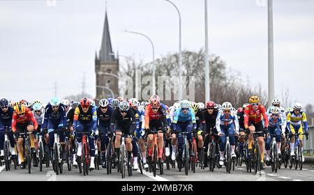 Kortrijk, Belgique. 25 février 2024. Le peloton de coureurs en action lors de la course cycliste Kuurne-Bruxelles-Kuurne d'une journée, 196, à 4 km de Kuurne à Kuurne en passant par Bruxelles, dimanche 25 février 2024. BELGA PHOTO JASPER JACOBS crédit : Belga News Agency/Alamy Live News Banque D'Images