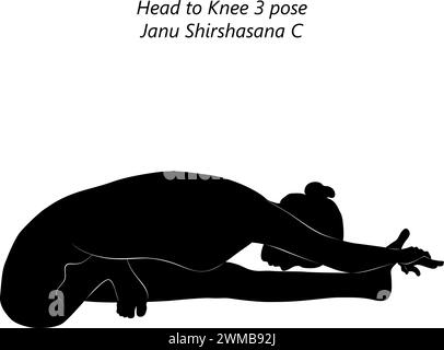 Silhouette de femme faisant du yoga Janu Shirshasana C. tête au genou 3 pose. Difficulté intermédiaire. Illustration vectorielle isolée Illustration de Vecteur