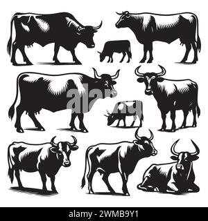 Ensemble de silhouettes de vache isolées sur un fond blanc, illustration vectorielle. Illustration de Vecteur