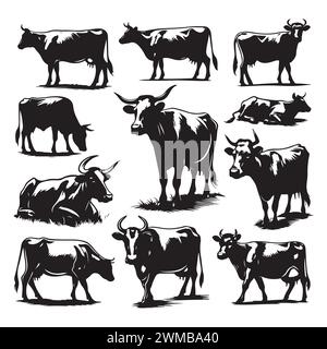 Ensemble de silhouettes de vache isolées sur un fond blanc, illustration vectorielle. Illustration de Vecteur
