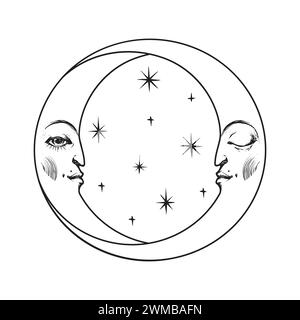 Deux croissant de lune avec visage humain, lune montante et décroissante, icône céleste, tatouage mystique, logo vectoriel, illustration dessinée à la main isolé sur W. Illustration de Vecteur