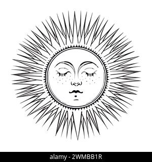 Soleil mystique avec le visage avec les yeux fermés et les rayons, logo d'astrologie céleste, tatouage boho pour le zodiaque, tarot. Illustration vectorielle dessinée à la main magique isolat Illustration de Vecteur