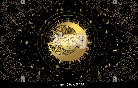 Soleil doré et lune avec orbites rondes, ciel nocturne mystique noir avec nuages et étoiles, fond astrologique mystique, imprimé tarot céleste pour Witch Illustration de Vecteur