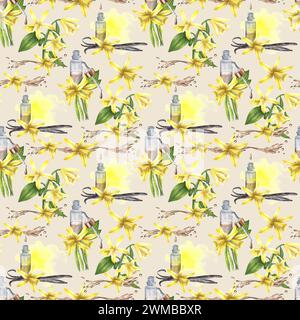 Modèle sans couture de fleurs de vanille, stics, bouteille d'huile et éclaboussure d'aquarelle. Illustration d'aquarelle florale dessinée à la main. Banque D'Images