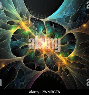 Toile complexe fractale vibrante abstraite de matériau élémentaire avec des taches brillantes et voile translucide transparent Banque D'Images