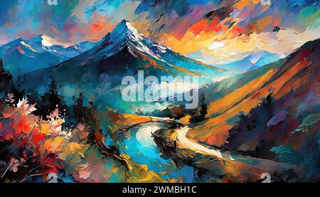 Paysage fantastique coloré effet pictural numérique de la région montagneuse montrant une rivière serpentant à travers Banque D'Images