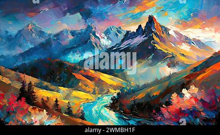 Paysage fantastique coloré effet pictural numérique de la région montagneuse montrant une rivière serpentant à travers Banque D'Images