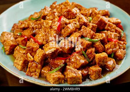 Gros plan d'une portion de plats traditionnels de tempeh Banque D'Images