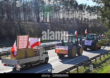 Slubice, Pologne. 25 février 2024. Les agriculteurs polonais conduisent leurs véhicules sur l'autoroute A2 (route européenne 30) en direction de la frontière germano-polonaise (Francfort/Oder). Les protestations des agriculteurs polonais, qui durent depuis des semaines, sont dirigées contre la politique agricole de l'UE, mais aussi contre l'importation de produits agricoles bon marché en provenance d'Ukraine. Crédit : Patrick Pleul/dpa/Alamy Live News Banque D'Images