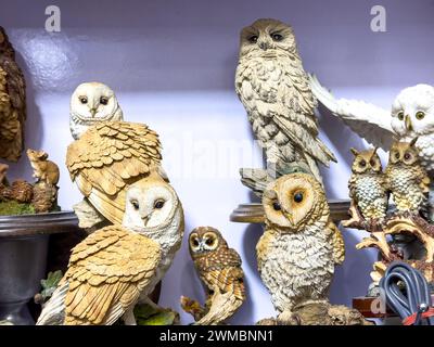 Sculptures de chouettes sur fond blanc Banque D'Images