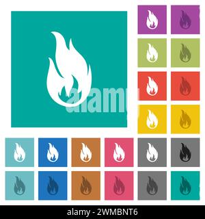 Icônes plates multicolores Fire Flame sur fond carré Uni. Inclus des variations d'icône blanches et plus foncées pour le survol ou les effets actifs. Illustration de Vecteur