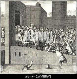 Entrée du roi Henri IV à Paris le 22 mars 1594 par la porte Neuve près du Louvre, au pied de la tour du bois. Vêtus d'un pectoral et portant un chapeau avec des panaches, le roi et ses soldats chassent les Espagnols qui occupaient la ville. (1733). Banque D'Images