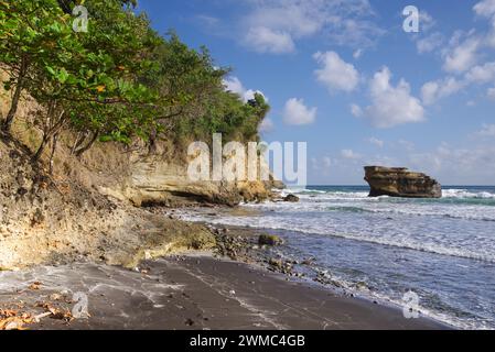 Belle plage accidentée de Balenbouche - le sable est noir en raison des particules de basalte de l'activité volcanique passée dans la région (Sainte-Lucie, Antilles) Banque D'Images