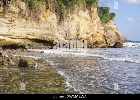 Belle plage accidentée de Balenbouche - le sable est noir en raison des particules de basalte de l'activité volcanique passée dans la région (Sainte-Lucie, Antilles) Banque D'Images