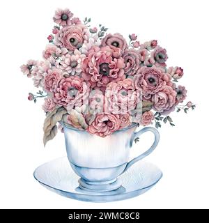 Tasses vintage aquarelle avec des roses. Conception pour fête de douche de bébé, anniversaire, gâteau, carte de voeux, invitation. Illustration aquarelle d'un vieux rouillé Banque D'Images