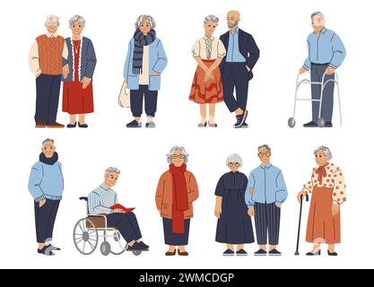 Les aînés. Vieil homme et femme debout, couples de personnes, dame plus âgée, grand-mère et grand-père groupe, visages adultes heureux. Personnages en fauteuil roulant. Ensemble isolé de style plat de dessin animé vectoriel Illustration de Vecteur