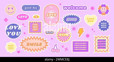 Autocollants esthétiques Y2K. Logo Groovy. Étiquettes d'art rétro. Modèle de conception SMM d'entreprise pour le marketing numérique. Émoticône de sourire. Symboles de bienvenue et d'amour. Des formes originales et originales. Jeu d'icônes abstraites vectorielles Illustration de Vecteur