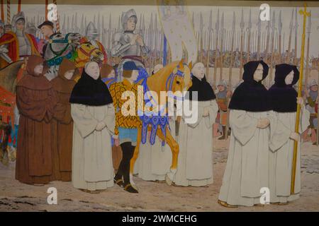 Une vue détaillée de la peinture à l'huile de la demoiselle en armure à cheval (Jeanne d'Arc série III) par l'artiste français Louis Maurice Boutet de Monvel exposé à la National Gallery of Art.Washington DC.USA Banque D'Images