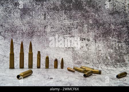 Munitions de différents calibres et cartouches vides placées sur une surface en béton. Banque D'Images