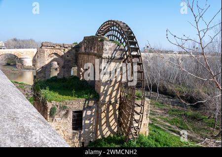 Une grande roue à eau médiévale structurée en bois désaffectée connue sous le nom de Molino de la Albolafia sur les rives de la rivière Guadalquivir et près du b romain Banque D'Images