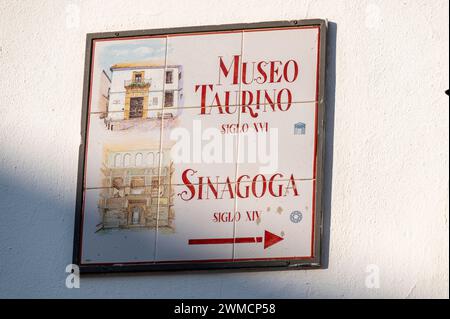 Un panneau de direction de rue murale fait avec des carreaux de céramique peints du Museo Taurino et Sinagoga (Synagogue) dans le vieux quartier juif de l'historique c Banque D'Images