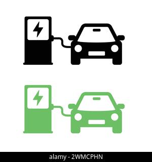 Illustration vectorielle de la station de charge de voiture électrique. Icône verte de remplissage de la batterie du véhicule. Point de charge pour véhicule électrique. Frais de véhicule hybride pour véhicule électrique Illustration de Vecteur