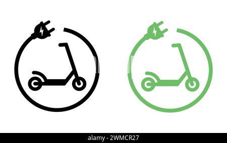 Jeu d'icônes de scooter électrique. Chargement des icônes E-Scooter. Symbole de transport écologique. E-Scooter avec Thunderbolt Sign. Vector Flat Green Eco-Friendly Illustration de Vecteur