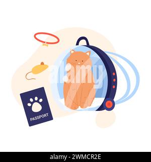 Chat dans un sac de voyage. Passeport pour animaux de compagnie et jouets de voyage, voyage avec l'illustration vectorielle de dessin animé d'animaux Illustration de Vecteur