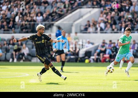 Le milieu de terrain du LAFC Timothy Tillman (11 ans) prend un tir lors d’un match de la MLS contre les Sounders de Seattle, le samedi 24 février 2022, au stade BMO, in Banque D'Images