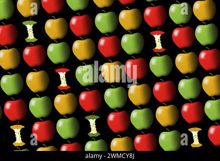 Les pommes , dont certaines mangées avec seulement un noyau restant, sont le sujet de cette illustration 3D qui comprend des couleurs brillantes et un éclairage dramatique. C'est le cas Banque D'Images