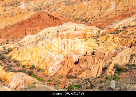 Paysage du canyon Skazka sur le lac Issyk-Kul. Rocks Fairy Tale célèbre destination au Kirghizistan. Montagne comme grand mur de chine et Rainbow Mountai Banque D'Images