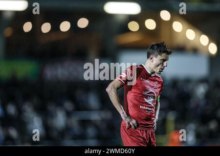 Boussu, Belgique. 25 février 2024. Jelle Vossen d'Essevee photographiée lors d'un match de football entre Royal Francs Borains et SV Zulte Waregem, dimanche 25 février 2024 à Boussu, au jour 23/30 de la deuxième division du championnat belge 'Challenger Pro League' 2023-2024. BELGA PHOTO BRUNO FAHY crédit : Belga News Agency/Alamy Live News Banque D'Images