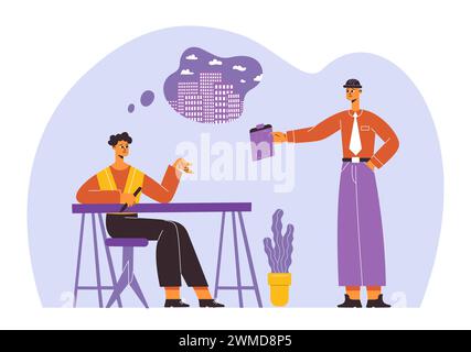 Constructeurs, ingénieurs, architectes travailleurs professionnels de l'équipe de construction Illustration de Vecteur