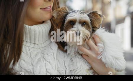 Une jeune femme hispanique tient joyeusement son beau biewer yorkshire terrier dans une rue animée de la ville Banque D'Images