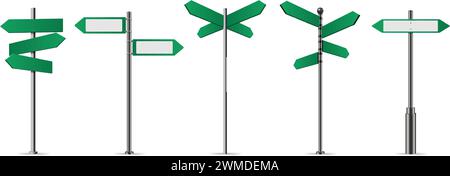 Panneaux de rue verts. Poteau directionnel avec flèches d'orientation, signe de poteau de doigt isolé ensemble d'illustration vectorielle réaliste Illustration de Vecteur