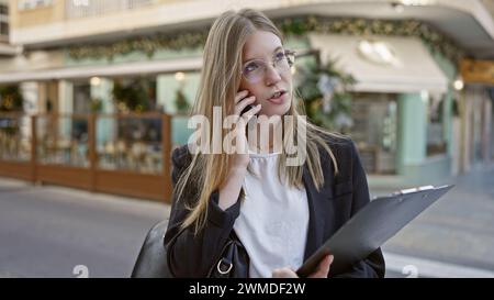 Une jeune femme professionnelle dans un cadre urbain parle sur son smartphone tout en tenant un presse-papiers. Banque D'Images