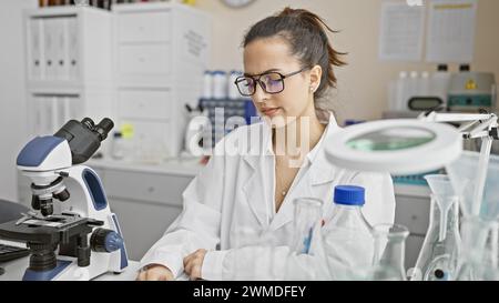 Une jeune scientifique hispanique analyse des échantillons dans un laboratoire, entourée d'équipement et de verrerie. Banque D'Images