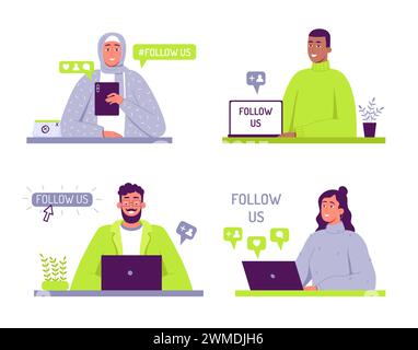 Badges créatifs de médias sociaux avec message d'offre suivez-nous. Divers personnages masculins et féminins avec des gadgets Illustration de Vecteur