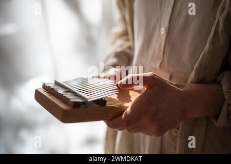 Instrument de musique ethnique Kalimba. Mains jouant la mélodie de relaxation sur des touches métalliques, produisant des sons. Banque D'Images