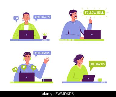 Suivez-nous. Badges créatifs de médias sociaux avec message d'offre Illustration de Vecteur