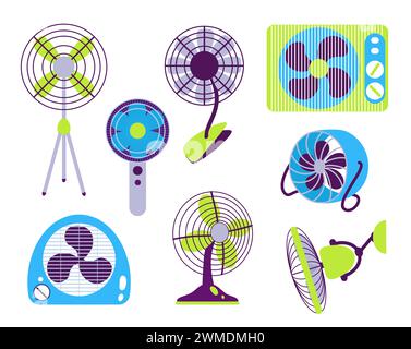 Ventilateurs électriques. EQUIPEMENT de climatisation à circulation d'air. Différents types d'appareils de refroidissement pour la maison, le bureau ou le magasin Illustration de Vecteur