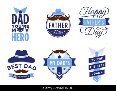 Étiquette Happy Father Day. Badges masculins avec chapeau, moustache et cravate, meilleur papa du monde, mon héros. Cadeau pour père Illustration de Vecteur