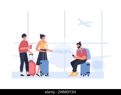 Touristes dans l'aéroport. Les gens attendent l'avion dans le terminal. Amis avec des bagages assis dans le hall. Personnages féminins et masculins Illustration de Vecteur