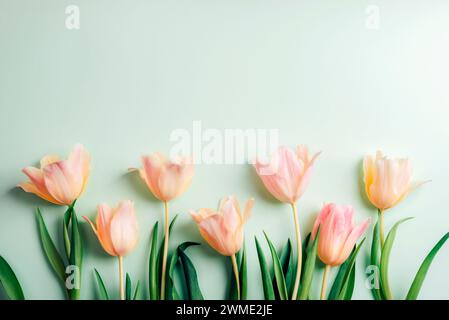 Tulipes de pêche sur fond vert clair. Concept des vacances de printemps. Vue de dessus, pose à plat. Banque D'Images