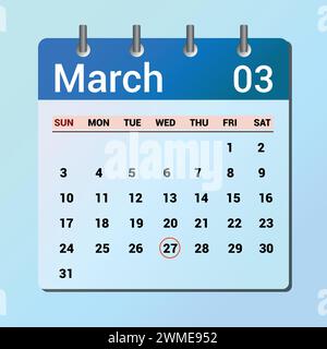 Mars 27. Calendrier à icône plate isolé sur fond bleu. Illustration vectorielle de date et de mois Illustration de Vecteur