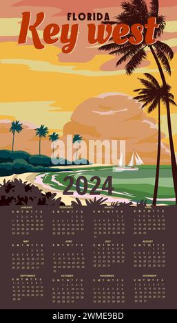 Calendrier 2024 affiche murale rétro Key West Florida Beach Illustration de Vecteur